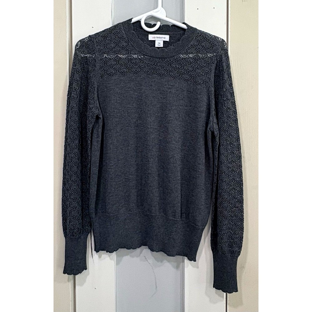 Liz Claiborne Women's Gray Open-Knit Crew Neck Long Sleeve Pullover Sweater PM